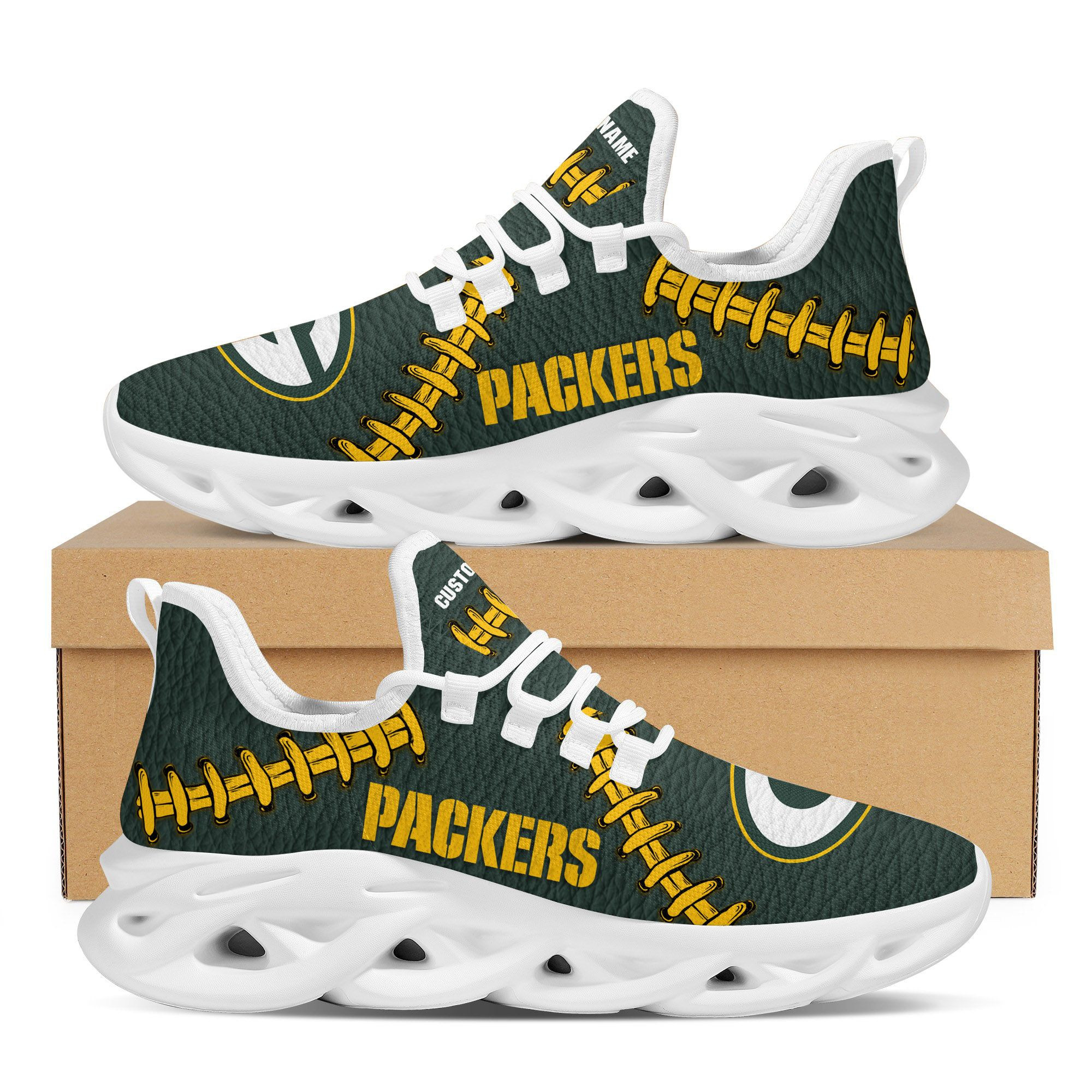 Green Bay Packers Leather Surface Design Trending Max Soul Clunky Sneaker Shoes Custom Name Personalized 