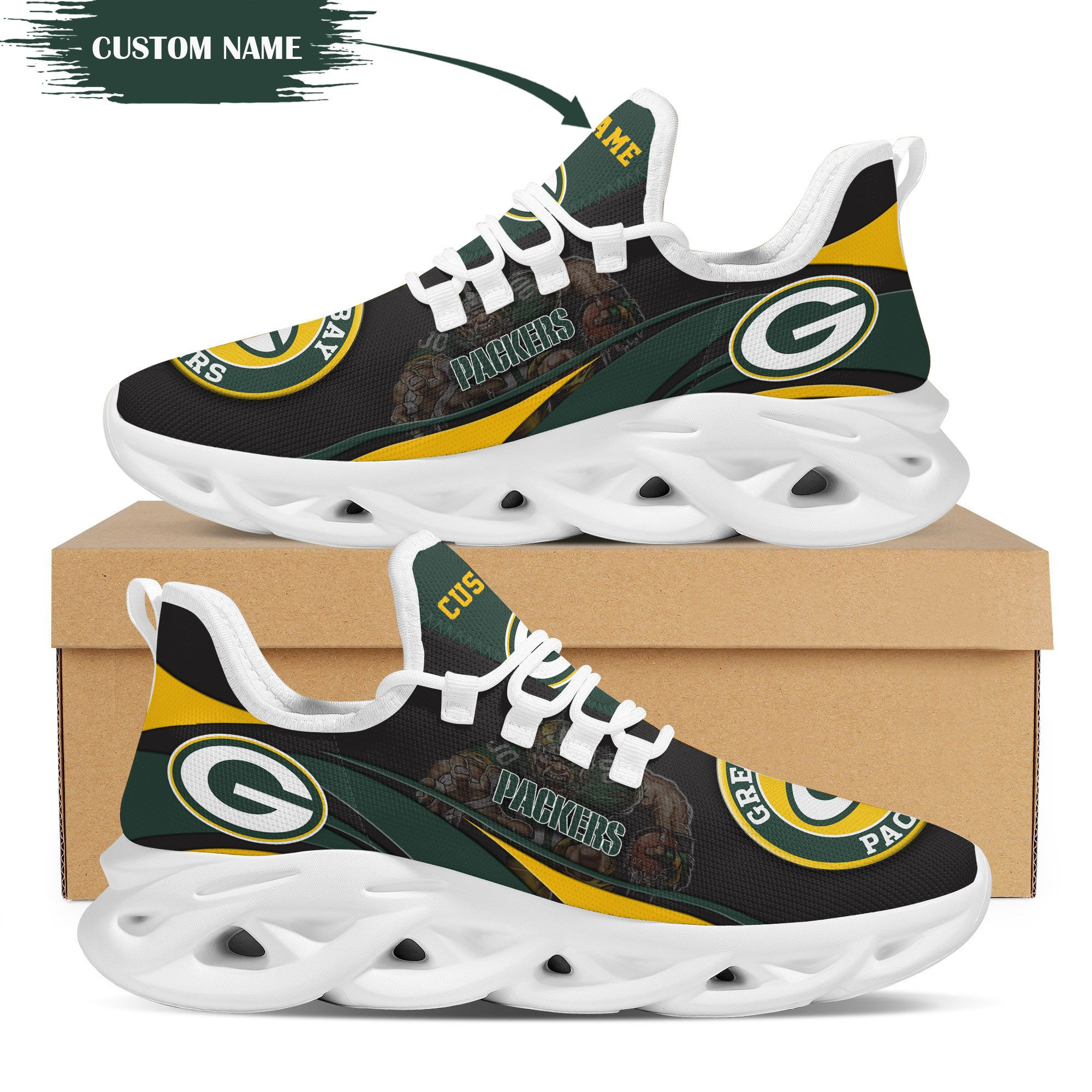 Green Bay Packers Mascot Custom Name Personalized Max Soul Sneakers Running Sports 