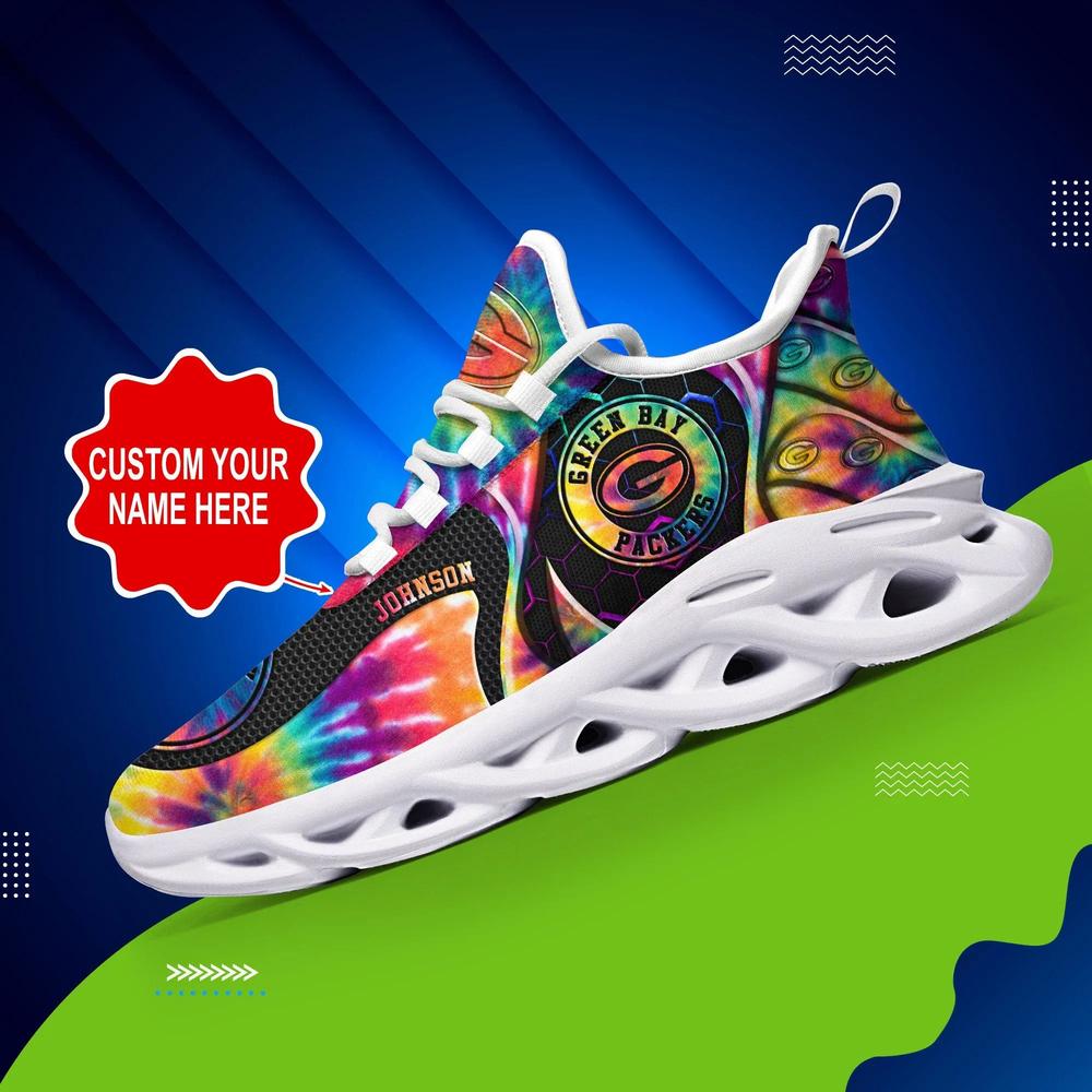 Green Bay Packers Max Soul Chunky Sneakers Custom Name, Tie Dye Abstract Shoes  