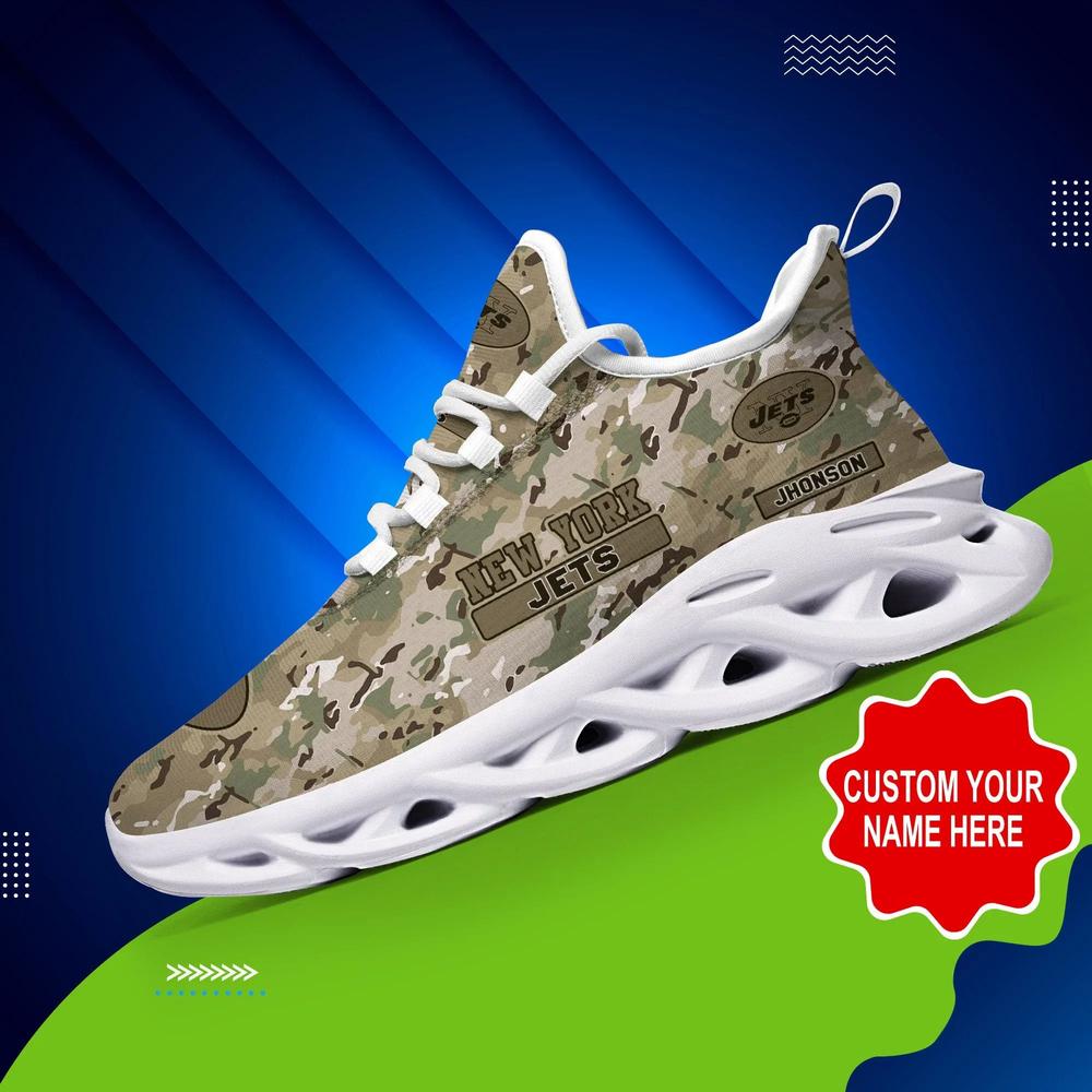 New York Jets Max Soul Shoes Custom Name, Camo Pattern Sneakers  