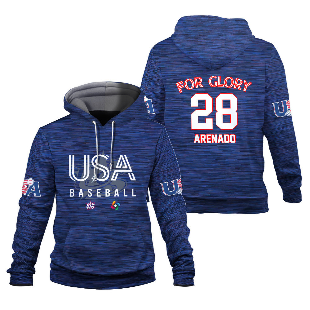 USA For Glory Baseball Flag 2023 Trout 27 World Baseball Classic Blue Unisex 3D Hoodie